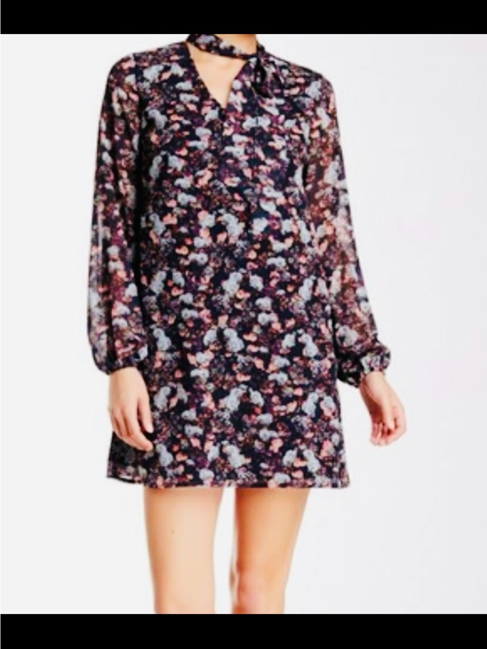 CECE, Floral Long-Sleeve Shift Dress in Navy, Size 4